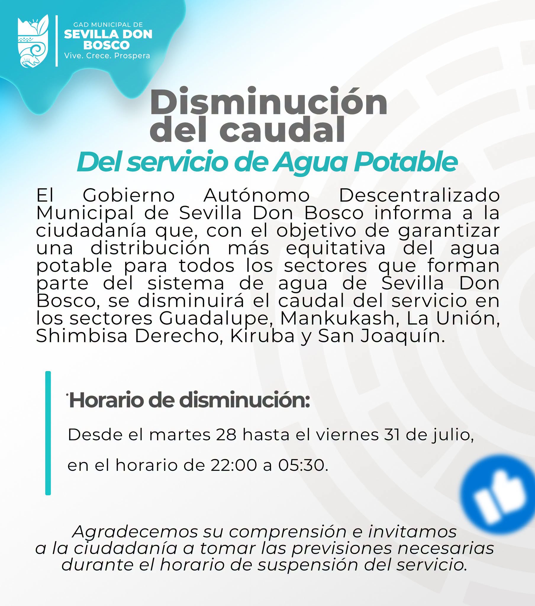 Disminución del caudal del servicio de agua potable